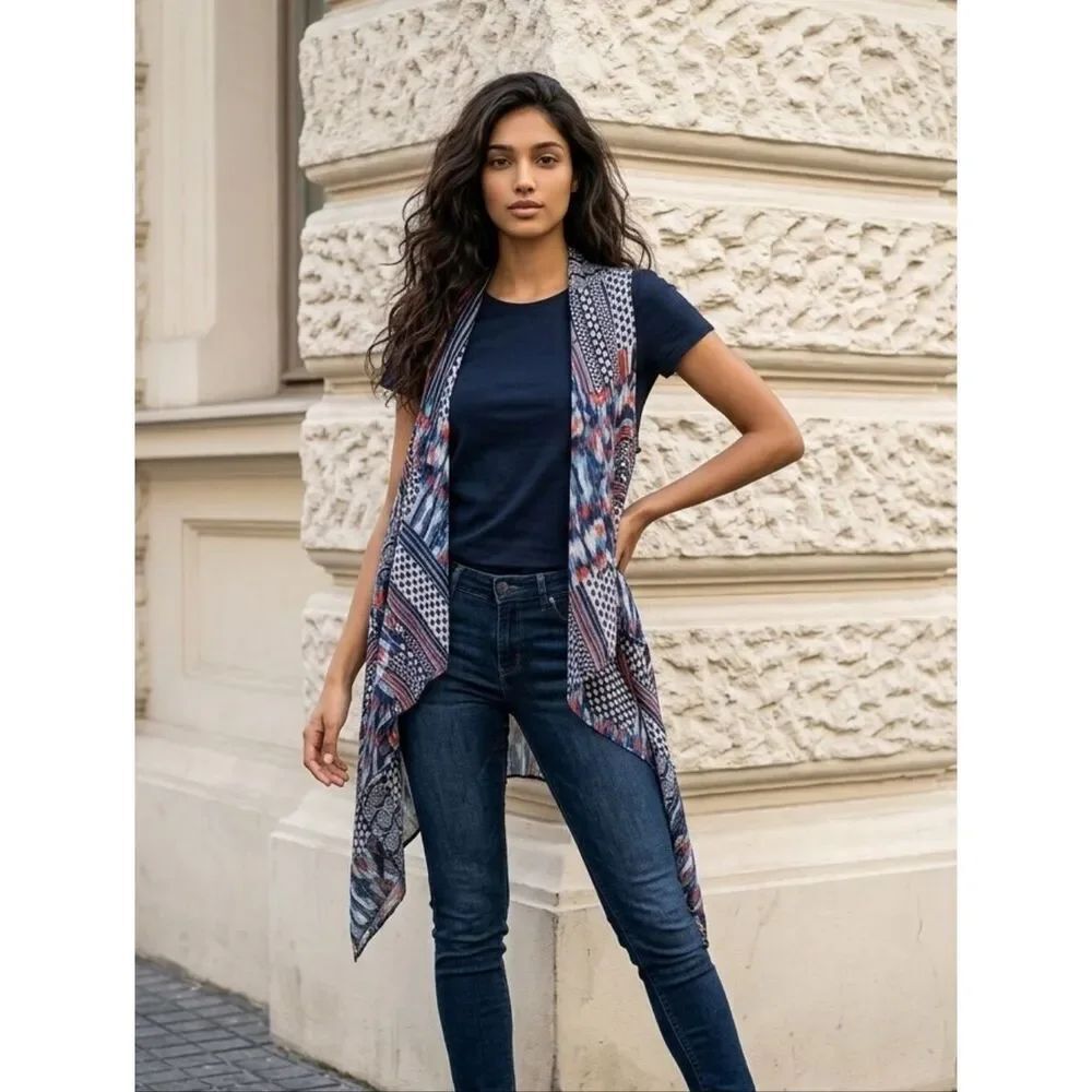 Cato Patchwork Waterfall Drape Front Chiffon Duster Vest Navy | XS Boho Layering